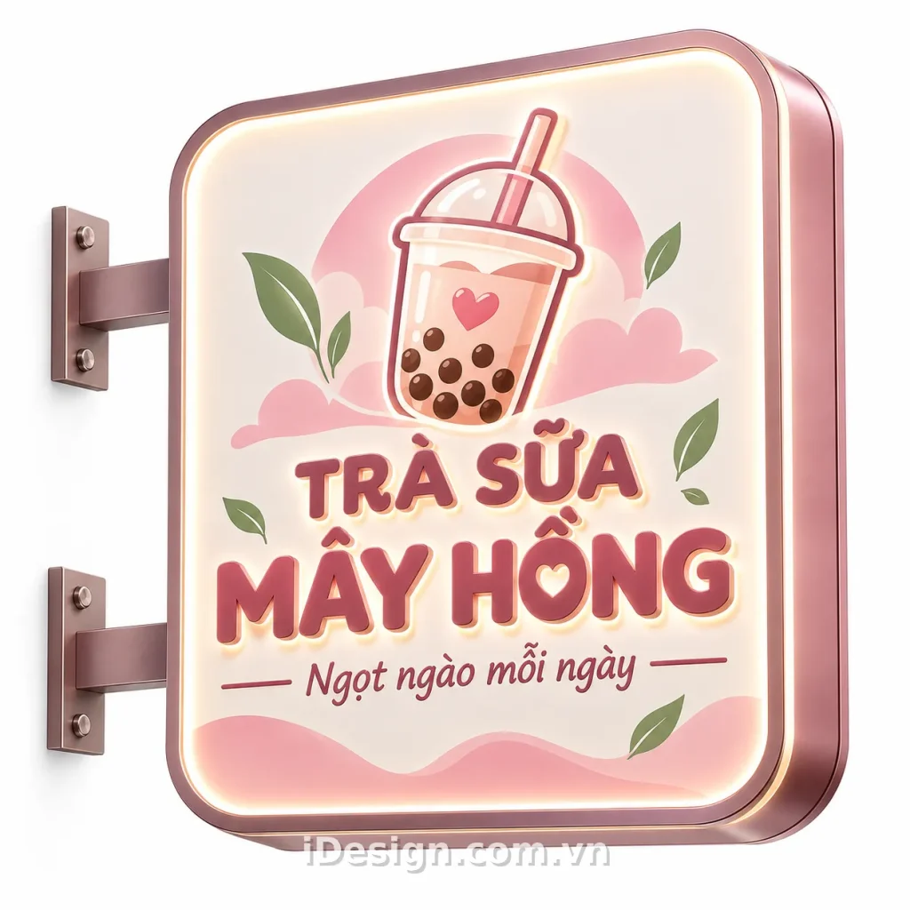 Biển Hiệu Trà Sữa Mây Hồng Phát Sáng: tối ưu typography và hierarchy
