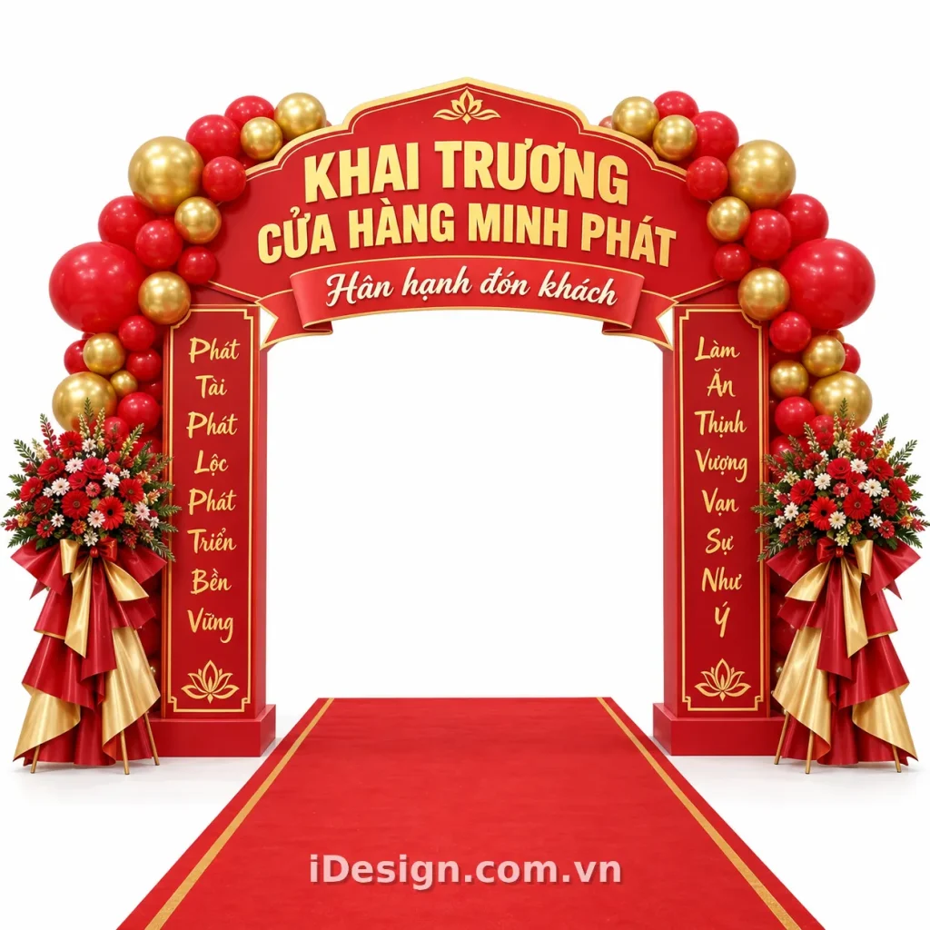 Cổng Khai Trương Đỏ Vàng Rực Rỡ: xây hệ thị giác rõ ràng, hiện đại