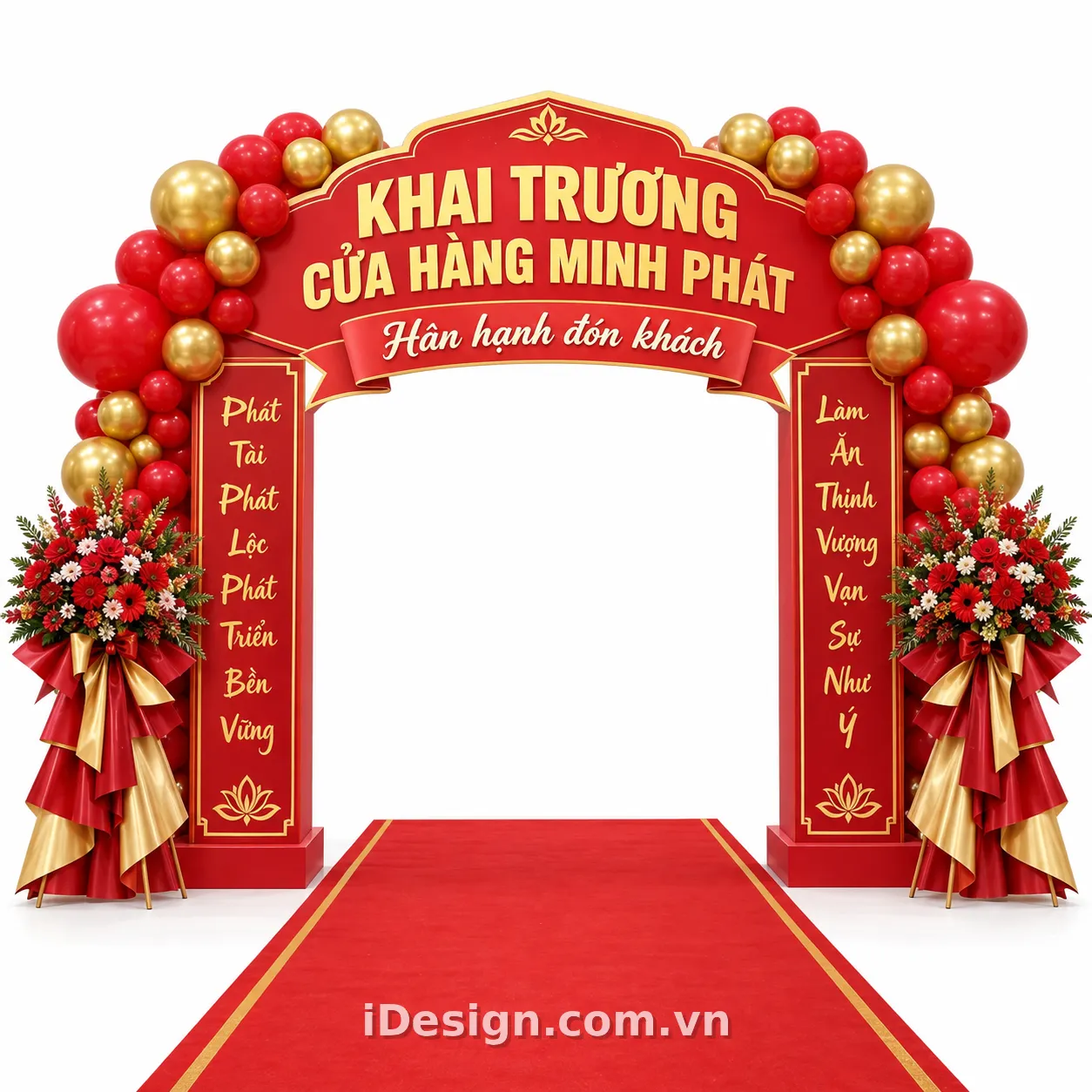 Cổng Khai Trương Đỏ Vàng Rực Rỡ: xây hệ thị giác rõ ràng, hiện đại