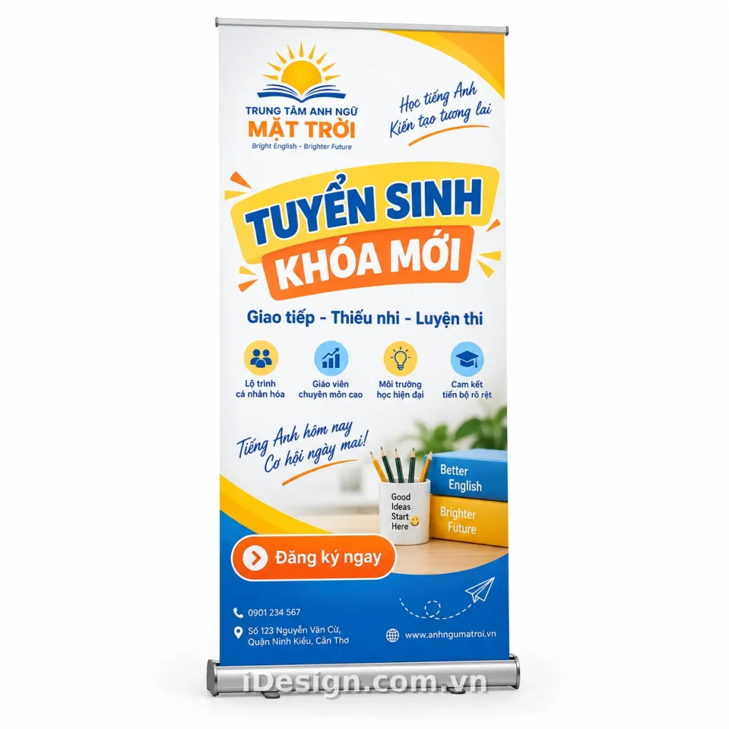 Standee Tuyển Sinh Trung Tâm Anh Ngữ Mặt Trời: gợi ý bố cục và triển khai